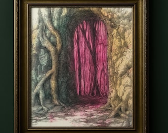 Può includere: Un'opera d'arte incorniciata raffigurante una scena di foresta con un sentiero che conduce a un boschetto rosa. L'opera presenta illustrazioni dettagliate di alberi con corteccia strutturata e radici esposte, incorniciata in una cornice dorata.