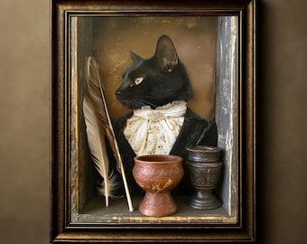 Black Cat Whimsical Portrait Print, Gothic Dark Academia Decor, Witchy Vintage Wall Art Poster, Mystical Cat Lover Gift, Victorian Cat, 333