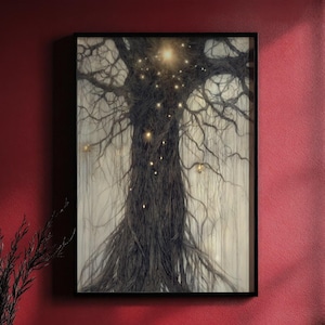 Stampa artistica di un albero stellato mistico, poster regalo di una fata gotica e stregoneria, illustrazione della natura surreale, arte murale da sogno di un bosco, arredamento etereo per la casa, 124