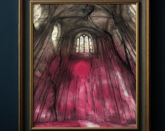 Haunted Gothic Chapel Print, Dark Academia, Spooky Church Wall Art, Crimson Cathedral Poster, Dark Sacred Space Gift, Mystical Magical, 100