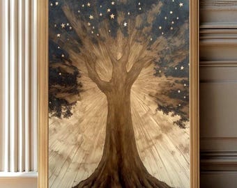 Puede incluir: Una obra de arte enmarcada que presenta un árbol estilizado con un efecto de luz radiante. El árbol es marrón, sobre un fondo azul oscuro con estrellas blancas. El marco es de color marrón claro.