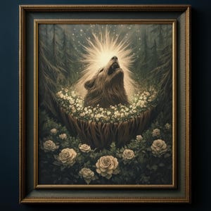 Stampa di uno spirito orso mistico, opera d'arte di animali della foresta incantata, poster di potere della natura gotica, regalo di totem selvaggio, arte del bosco oscuro, 007