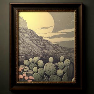 Vintage Desert Moonlight Print, Cactus Landscape Art, Southwestern Wall Decor, Minimalist Nature Print, Subdued Night Sky Illustration, 206