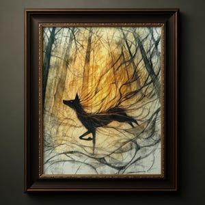 Stampa di volpe della foresta mistica, stampa murale di animali eterei, illustrazione dello spirito del bosco, regalo di strega della natura, poster malinconico della foresta oscura, 035