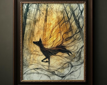 Mystical Forest Fox Print, Ethereal Animal Wall Art, Woodland Spirit Illustration, Nature Witch Gift, Dark Forest Moody Poster, 035