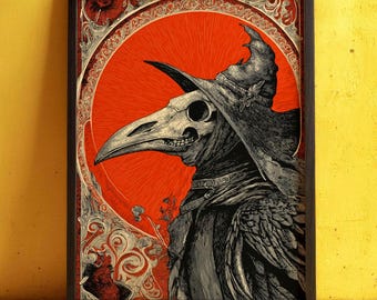 Plague Doctor Art Print, Gothic Raven Skull Illustration, Medieval Halloween Dark Fantasy Wall Art, Occult Gift Poster, Dark Art Print, 302