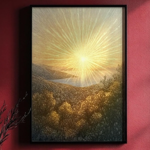 Puede incluir: Una impresión artística enmarcada de un paisaje que representa un amanecer sobre una masa de agua. La obra presenta una explosión solar de color amarillo brillante que irradia luz sobre un terreno montañoso y una masa de agua. La impresión está enmarcada en un marco negro.
