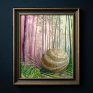 Mystische Waldkugel Kunst, Traumhafter Wald Druck, Surreale Natur Poster, Retro Fantasy Wohnkultur, Spirituelles Geschenk Für Menschen, Rosa Grün002