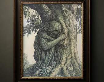 Folklore Tree Man Art Print, Green Man Nature Spirit Wall Art, Pagan Folk Poster,  Woodland Gift For Her, Moody Dark Forest, 037