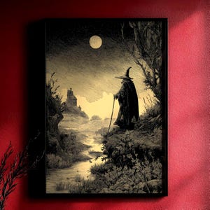 May include: Black and white framed print of a wizard in a cloak and hat, standing on a hill overlooking a river and a castle under a full moon. The artwork has a vintage, gothic style.