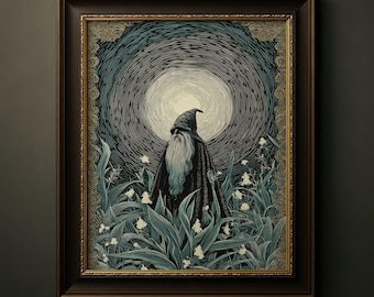 Mystical Wizard Print, Gothic Moonlight Poster, Dark Fantasy Wall Art, Enchanted Sorcerer Decor, Occult Gift, 324