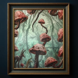 Verzauberter Pilzwald Print, Mystische Pilze Wandkunst, Surreal Fairycore Wald Poster, Witchy Natur Geschenk, Goblinkern Dunkle Kunst, 020