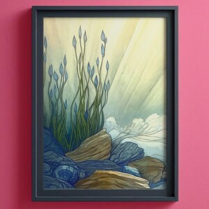 Blue Kelp Seaweed Print, Beach Bathroom Art, Mystical Ocean Botanical Print, Underwater Nature Illustration, Soft Coastal Light Poster, 141