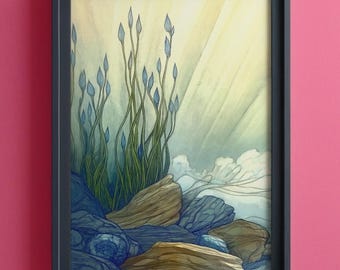 Blue Kelp Seaweed Print, Beach Bathroom Art, Mystical Ocean Botanical Print, Underwater Nature Illustration, Soft Coastal Light Poster, 141