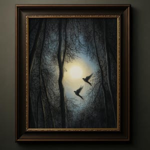 Mondschein Wald Vögel Druck, Nachthimmel Wand Kunst, Gothic Wald Radierung Stil Poster, Spirituelle Natur Geschenk, Dunkle Moody Art, 018