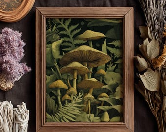 Dark Magic Mushroom Wall Art Print, gotische botanische schimmels woondecoratie, poster donker bos natuur, Deep Forest Art, Cottagecore-cadeau, 283