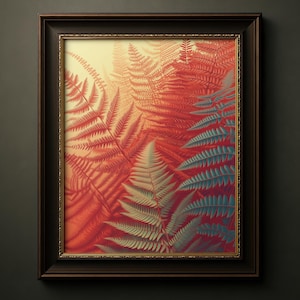Arte murale psichedelica con felce, stampa naturalistica da sogno, poster botanico boho, decorazione per la casa in stile giungla retrò, regalo per gli amanti delle piante mistiche, arancione e verde, 001
