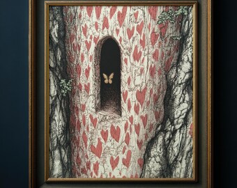 Lámina artística de árbol caprichoso, pintura vintage, arte de pared con corazón de mariposa, arte de bosque místico, decoración cottagecore, San Valentín, regalo de bruja 043