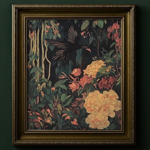 Stampa botanica vintage di corvo, stampa murale di merlo in stile incisione, poster di foresta floreale mistica, regalo di natura stregonesca, giardino al crepuscolo oscuro 009