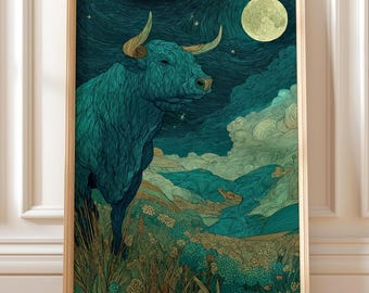 Taurus Zodiac Art Print, Mystical Bull Poster, Full Moon Wall Decor, Earthy Astrology Gift, Teal Celestial Nature Print, Taurus Gift, 701B
