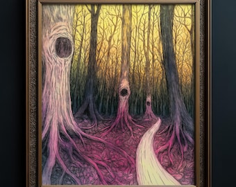 Estampado de sendero rosa en bosque encantado y embrujado, bosque místico y espeluznante, póster de portal al reino de las hadas, regalo gótico de bruja del bosque espiritual, 232