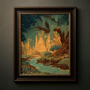 Puede incluir: Impresión artística enmarcada que representa una serena escena forestal. La obra presenta un río, árboles con musgo colgante y un puente, todo en tonos apagados de verde azulado, marrón y dorado. El marco es marrón oscuro con un borde interior dorado.