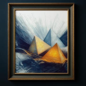 Mystical Pyramid Energy Print, Surreal Golden Pyramid Wall Art, Celestial Symbolism Poster, Spiritual Gift Idea, Blue Gold Art, Ancient, 028