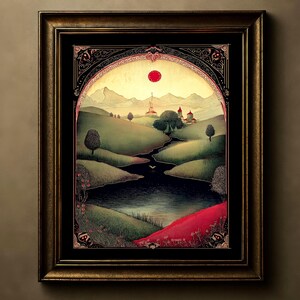 Puede incluir: Impresión artística enmarcada que representa un paisaje tranquilo con un río, colinas y un sol rojo. La obra de arte está encerrada en un marco oscuro con detalles dorados, lo que le da un aspecto vintage. La paleta de colores incluye verdes, azules y rojos.