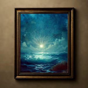 May include: A framed artwork depicting a seascape with a bright sunburst over the ocean. The painting features shades of blue and white, with visible waves and clouds. The frame is a dark, ornate gold color.