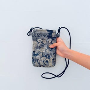 Japanese Obi Crossbody Bag, Silver Floral Kimono Obi Pouch, Handmade in Japan, One of a Kind Phone Bag
