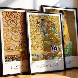 Gustav Klimt Three Poster Set, Kiss Tree Life Fulfillment Gold Nouveau Decor