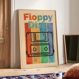 Tech Wall Art Retro Floppy Disk Digital Print – Vintage 90s Nostalgia Poster, Geek Office Decor, Instant Download