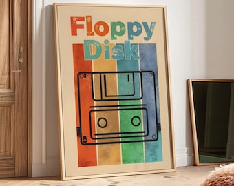 Tech Wall Art Retro Floppy Disk Digital Print – Vintage 90s Nostalgia Poster, Geek Office Decor, Instant Download