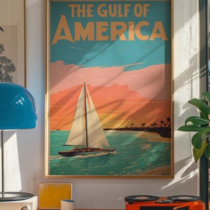 Stampa digitale d'epoca del Golfo d'America | Arte murale nautica | Manifesto di viaggio costiero | Decorazione mappa oceano | Download immediato