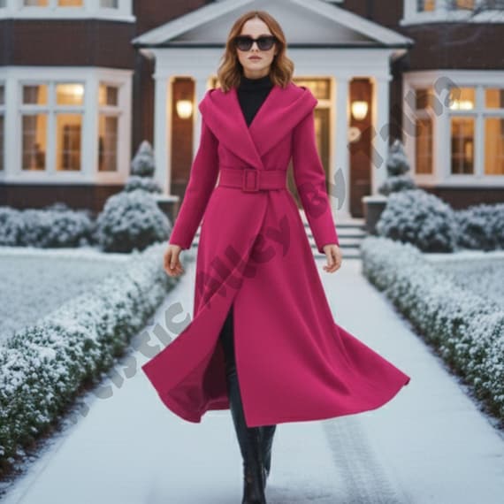 Hot Pink Wool Maxi Coat, Hooded Belted Overcoat, Full Length Winter Outerwear Hot Pink Wool Maxi Coat, Hooded Belted Overcoat, Full Length Winter Outerwear