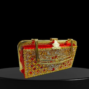 Vintage Red Rhinestone Bridal Clutch – Handcrafted Indian Beaded Wedding Purse, Statement Evening Clutch Bag