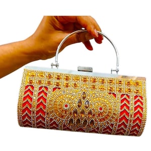 Red Gold Rhinestone Clutch Bag – Indian Wedding Clutch, Beaded Evening Purse, Statement Handbag, Bridal Party Bag