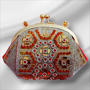 Red Gold Bridal Clutch Purse – Crystal Beaded Kiss Lock Evening Bag – Indian Wedding Clutch – Rhinestone Handbag for Party