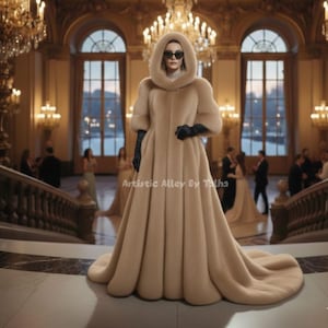 Könnte beinhalten: Ein langer, beigefarbener Mantel mit Kapuze und fließender Schleppe. Der Mantel hat eine große Kapuze, schwarze Handschuhe und wird in einer großen Halle mit Kronleuchtern und einer Marmortreppe getragen. Der Text "Artistic Alley By Talha" ist sichtbar.