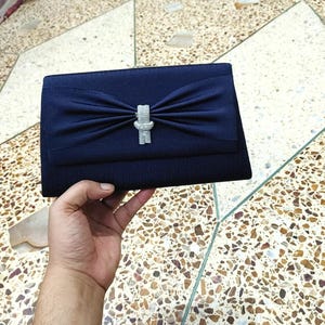 Navy Satin Clutch with Rhinestone Bow – Crossbody Shoulder Evening Bag for Bridesmaids & Parties