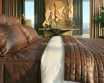 Espresso Brown Leather Bedding Set with Pillowcases, Nappa Sheepskin Duvet Cover