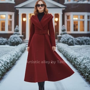 Maroon Wool Maxi Coat: Handmade Winter Swing Trench with Hood