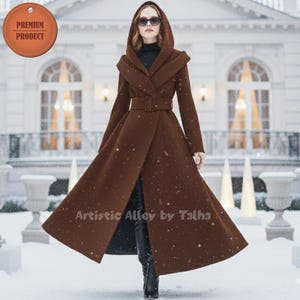 Long Wool Coat Ankle Length Hooded Women Belted Maxi Dress Style Trench with Pockets