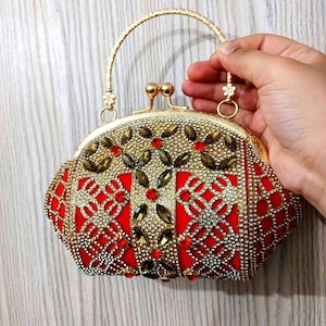 Red Gold Rhinestone Bridal Purse – Indian Wedding Evening Bag, Beaded Clutch Gift for Her