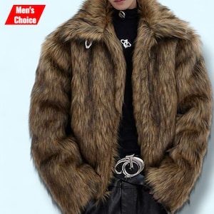 Herren Kunstpelz Braune Jacke, Winter Warme Kurze Dicke Haarige Weiche Jacke, Lässiger Winter Stil, Herbst Reise Oberbekleidung, Gemütliche Herrenbekleidung, Geschenk Ihn