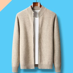 Pull pour homme 100 % laine mérinos, Haut à manches longues en tricot de cachemire, Cardigan zippé à col cheminée, Vêtements d'extérieur épais et chauds, Vêtements d'hiver