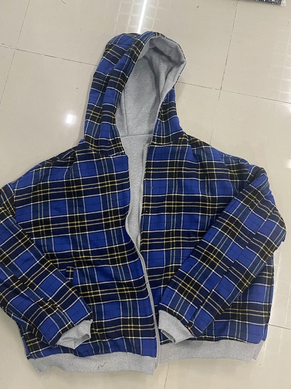 Oversized Reversible Hoodie for Men, Zipper Sweatshirt With Plaid