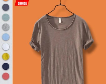 100% Cotton Slim Fit Mens T-Shirt, Retro Raw Edge Top, Lightweight Breathable Tee, Casual Basic Short Sleeve Solid Top, Streetwear Tshirts