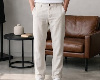 Men's 100% Linen Casual Pants, Loose Fit Straight Leg Trousers, Midweight Breathable Pant, Zipper Fly with Pockets, Summer Everyday Wear