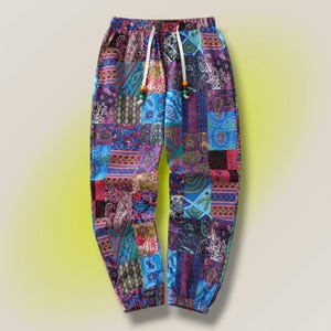 Men's Boho Patchwork Print Pants with Pockets, Lightweight Casual Cotton Trousers, Relaxed Fit Summer Jogger Pants, Drawstring Waist